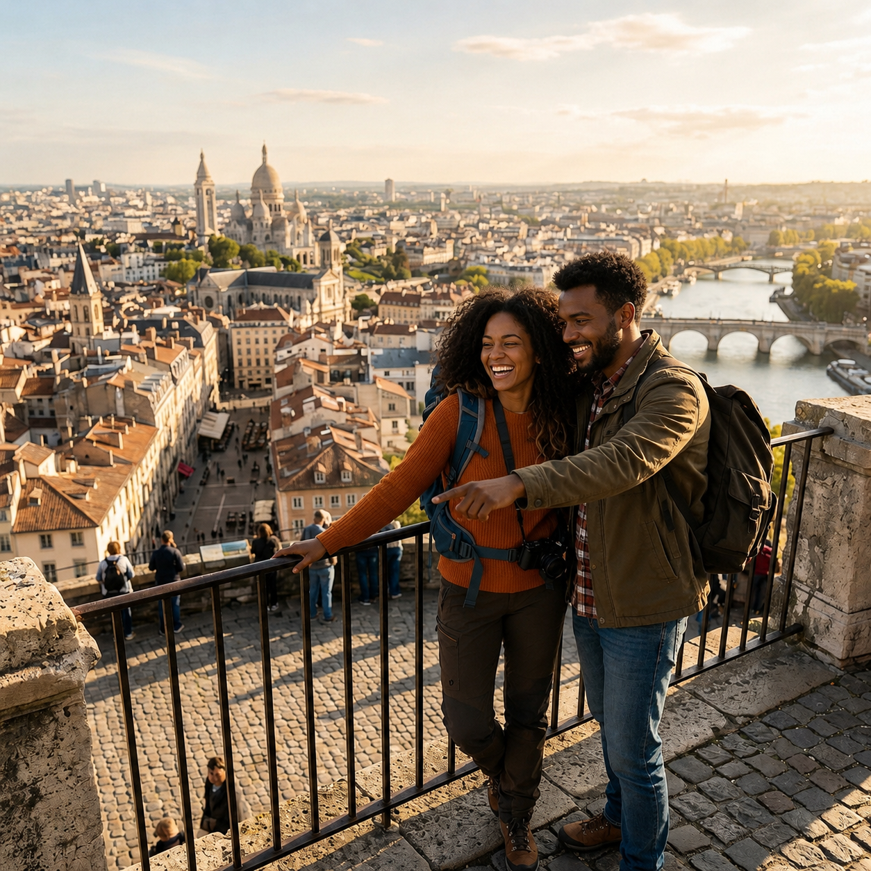 Dois viajantes a contemplar uma cidade histórica